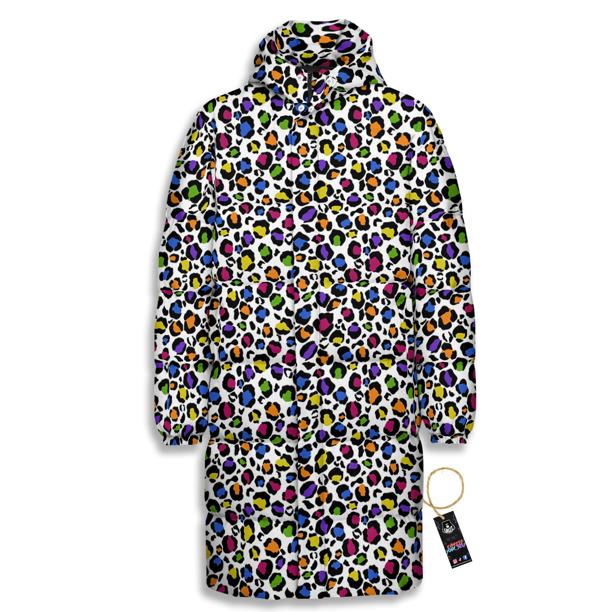 Leopard Rainbow And White Print Pattern Long Down Jacket-grizzshop