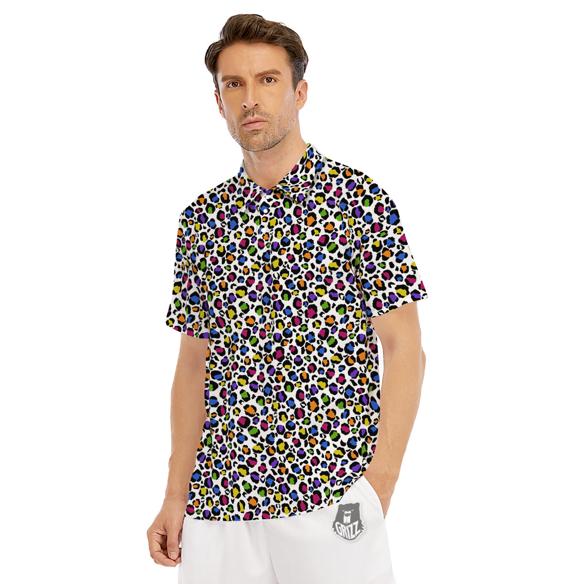Leopard Rainbow And White Print Pattern Men's Golf Shirts-grizzshop