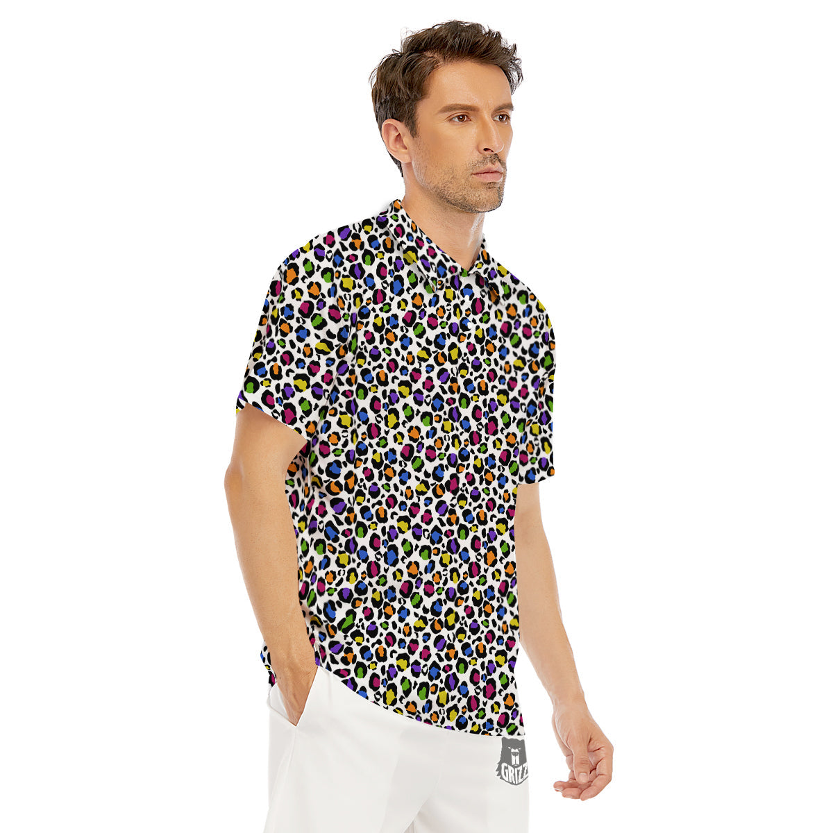 Leopard Rainbow And White Print Pattern Men's Golf Shirts-grizzshop
