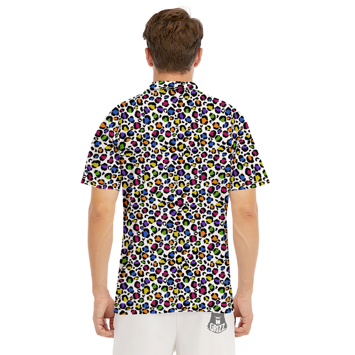Leopard Rainbow And White Print Pattern Men's Golf Shirts-grizzshop