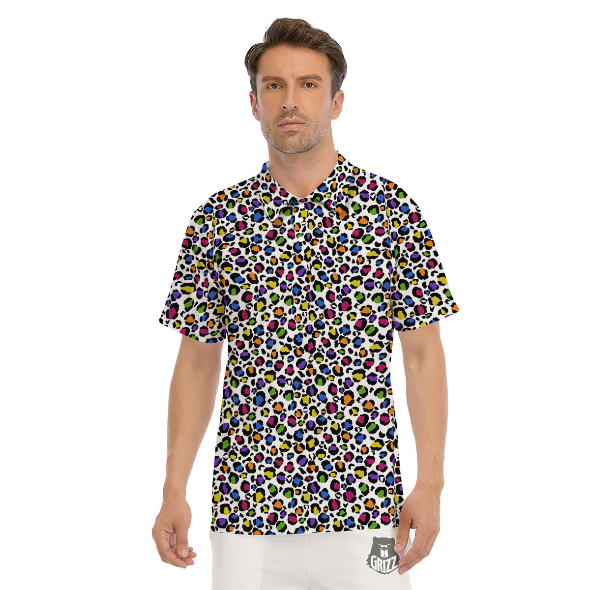 Leopard Rainbow And White Print Pattern Men's Golf Shirts-grizzshop