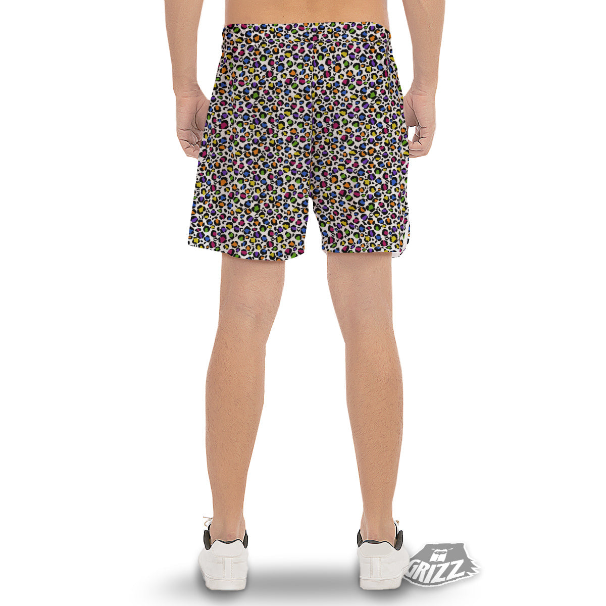 Leopard Rainbow And White Print Pattern Men's Gym Shorts-grizzshop