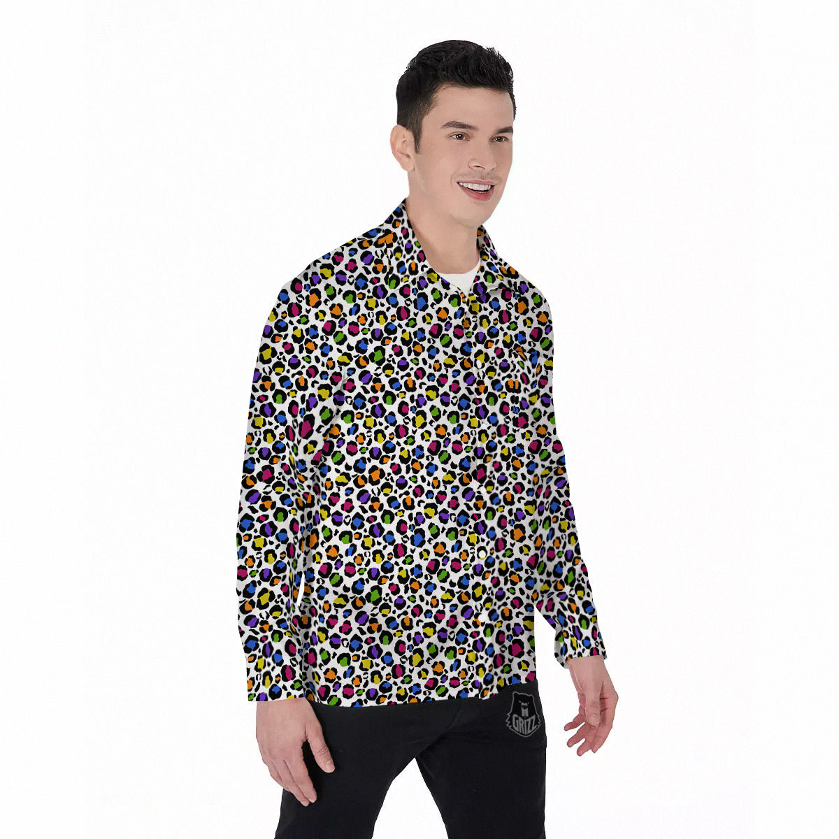 Leopard Rainbow And White Print Pattern Men's Long Sleeve Shirts-grizzshop