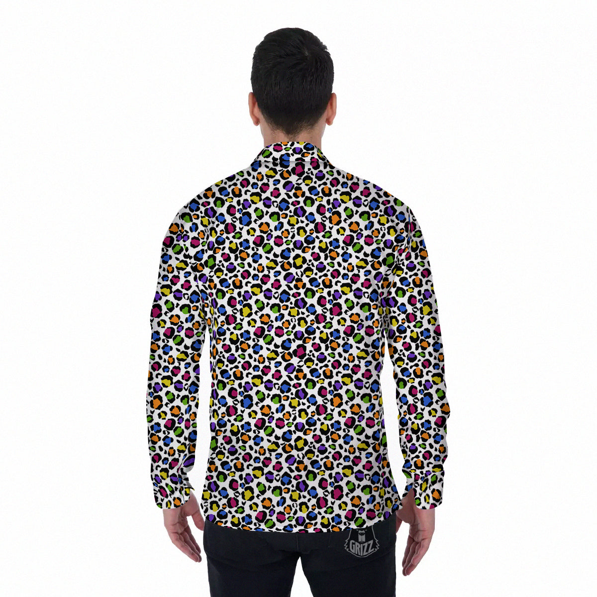 Leopard Rainbow And White Print Pattern Men's Long Sleeve Shirts-grizzshop