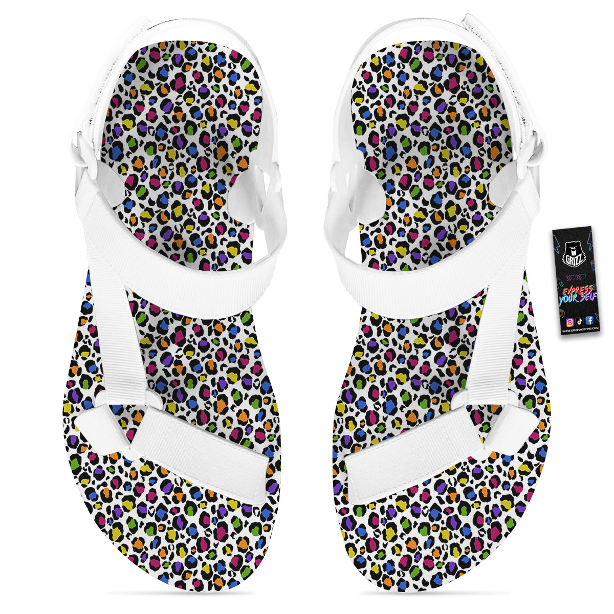 Leopard Rainbow And White Print Pattern White Open Toe Sandals-grizzshop