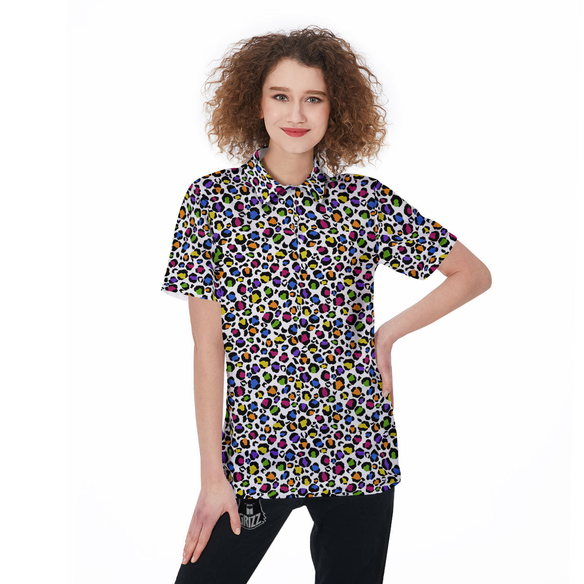 Leopard Rainbow And White Print Pattern Women's Golf Shirts-grizzshop