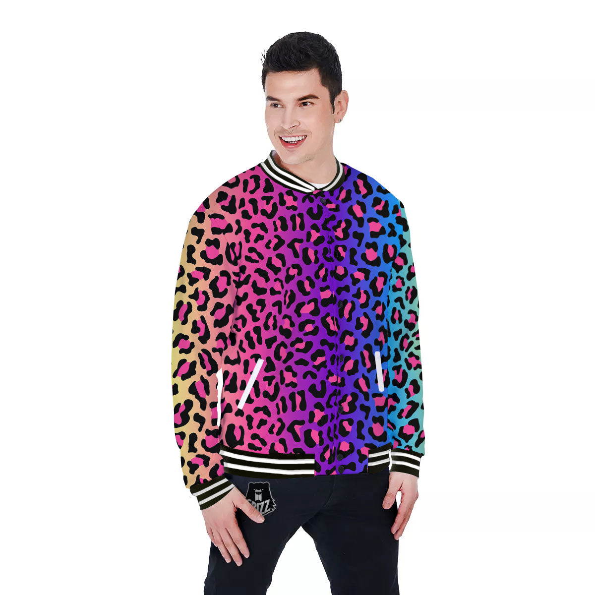 Leopard Rainbow Print Baseball Jacket-grizzshop
