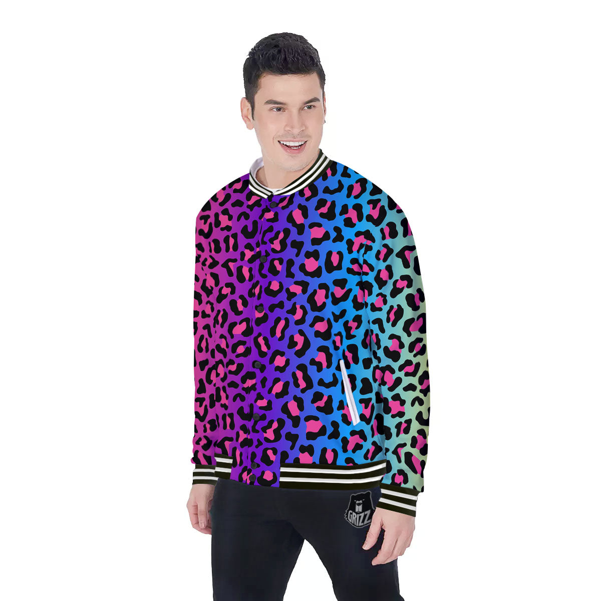 Leopard Rainbow Print Baseball Jacket-grizzshop