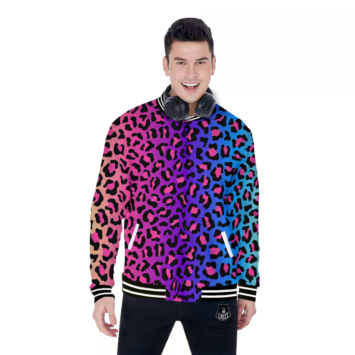 Leopard Rainbow Print Baseball Jacket-grizzshop