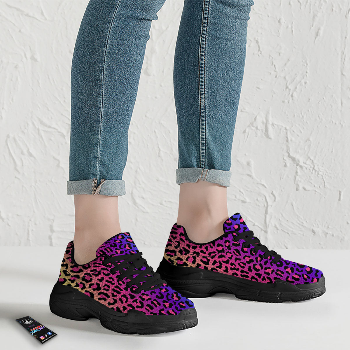 Leopard Rainbow Print Black Chunky Shoes-grizzshop