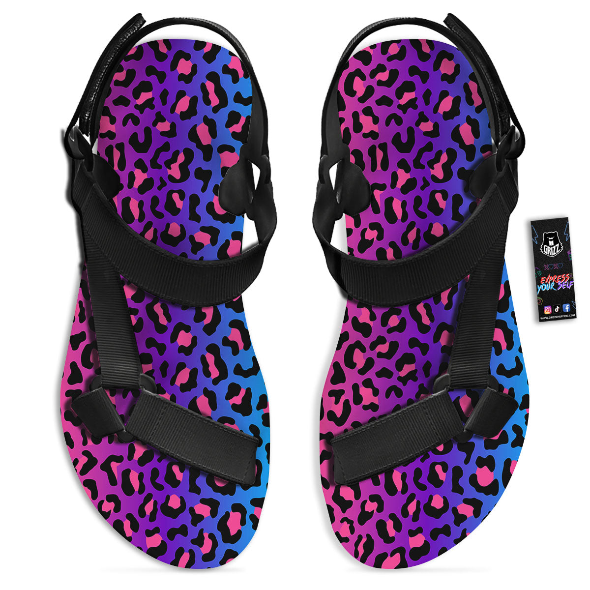 Leopard Rainbow Print Black Open Toe Sandals-grizzshop