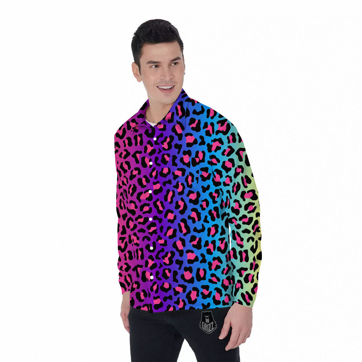 Leopard Rainbow Print Men's Long Sleeve Shirts-grizzshop