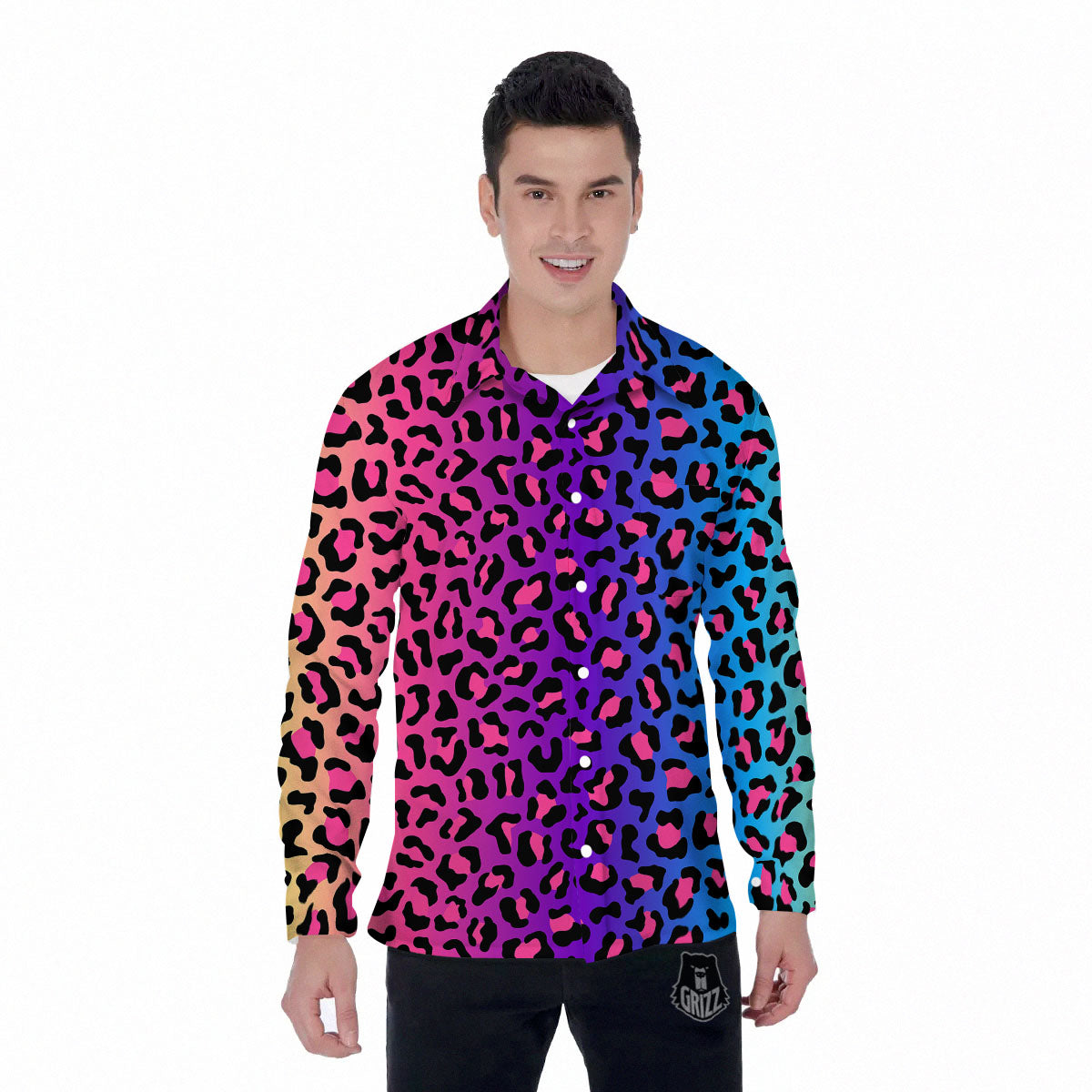 Leopard Rainbow Print Men's Long Sleeve Shirts-grizzshop