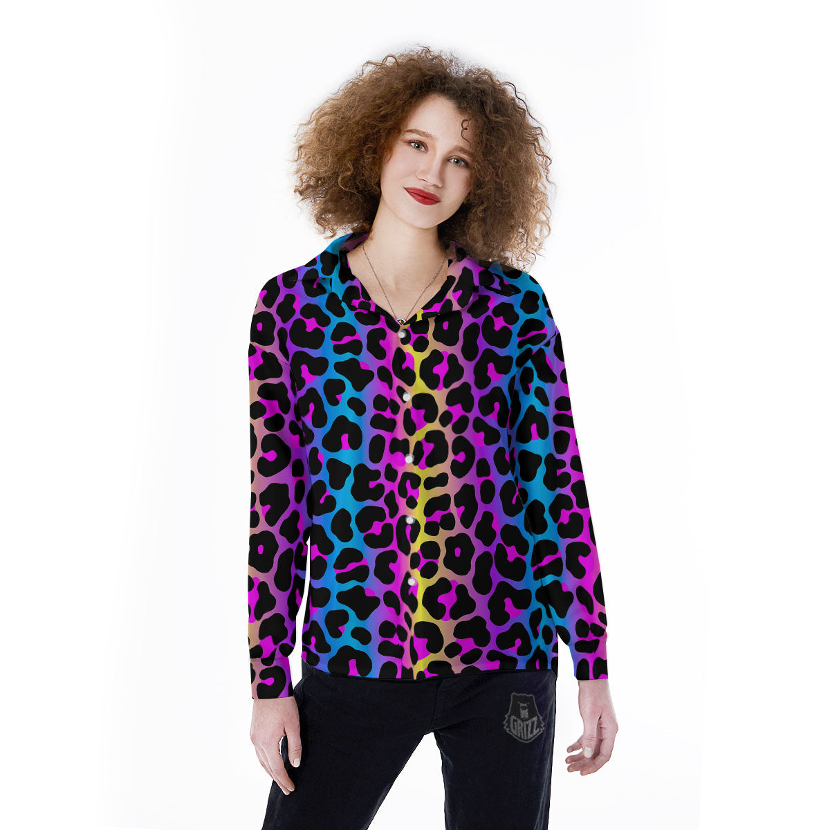 Leopard Rainbow Print Pattern Women's Long Sleeve Shirts-grizzshop