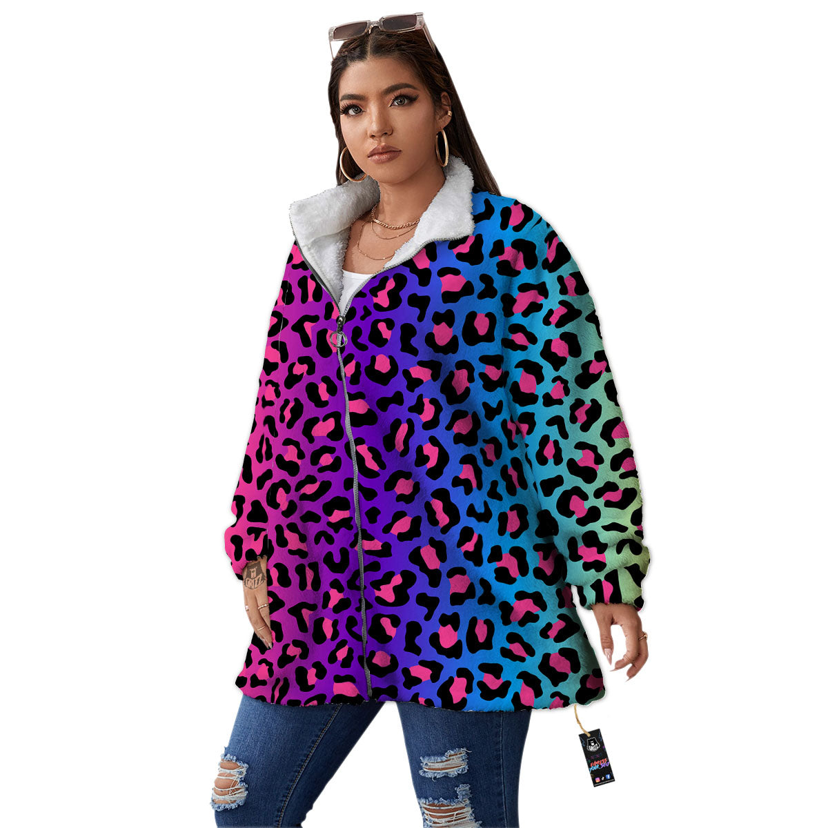 Leopard Rainbow Print Women's Sherpa Jacket-grizzshop
