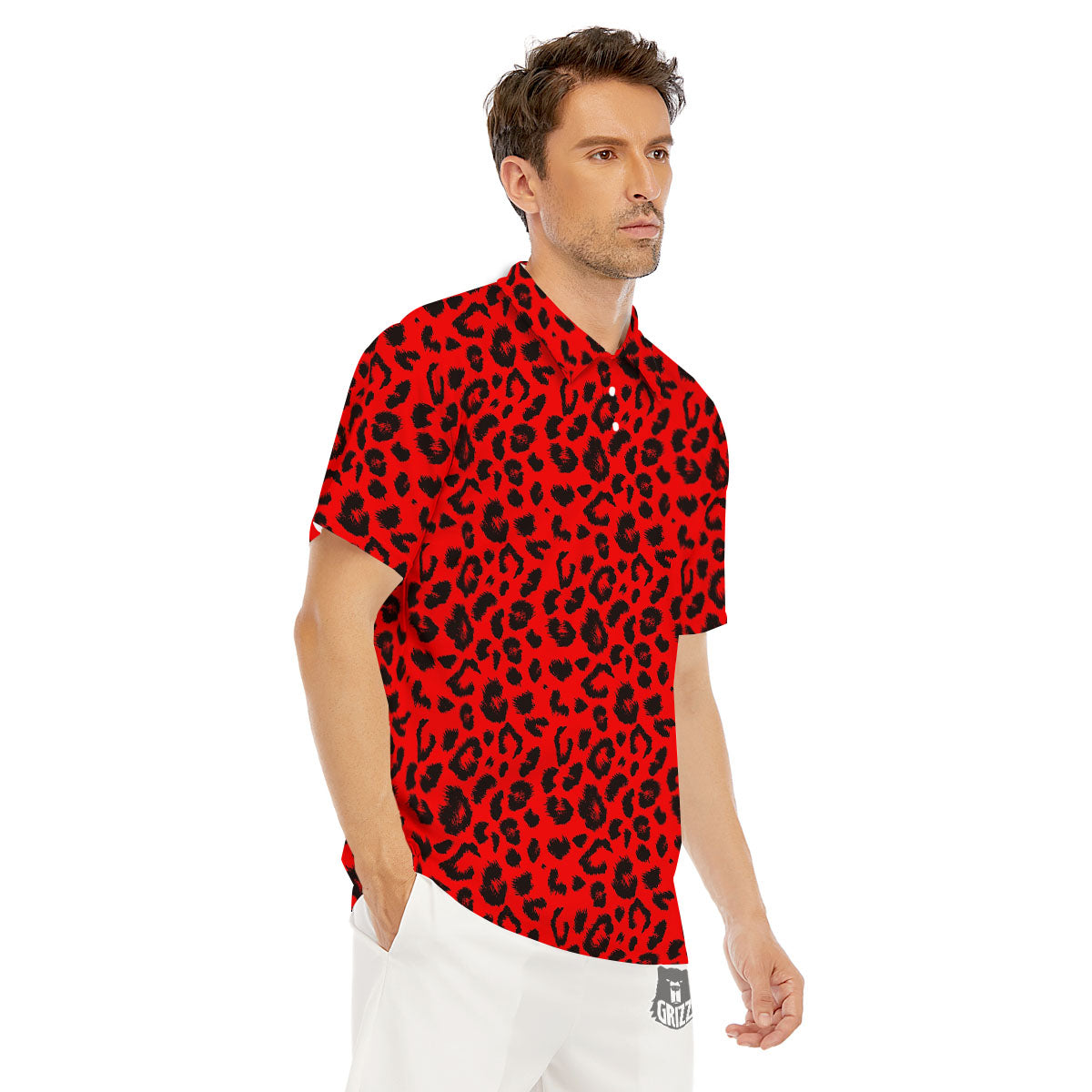 Leopard Red Print Pattern Men's Golf Shirts-grizzshop