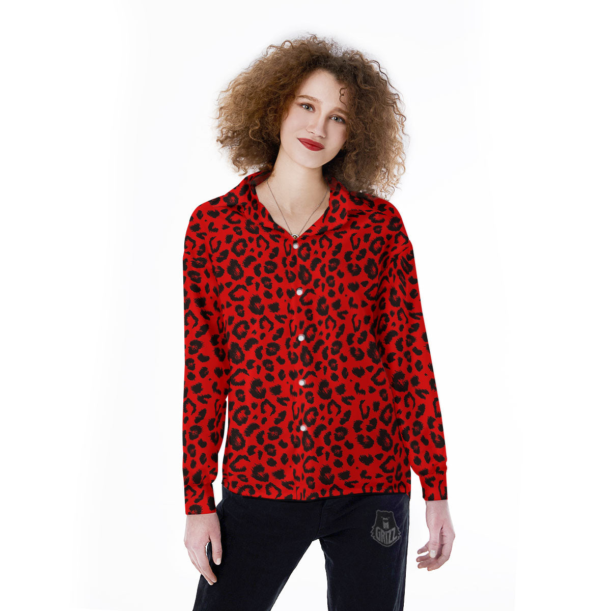 Leopard Red Print Pattern Women's Long Sleeve Shirts-grizzshop