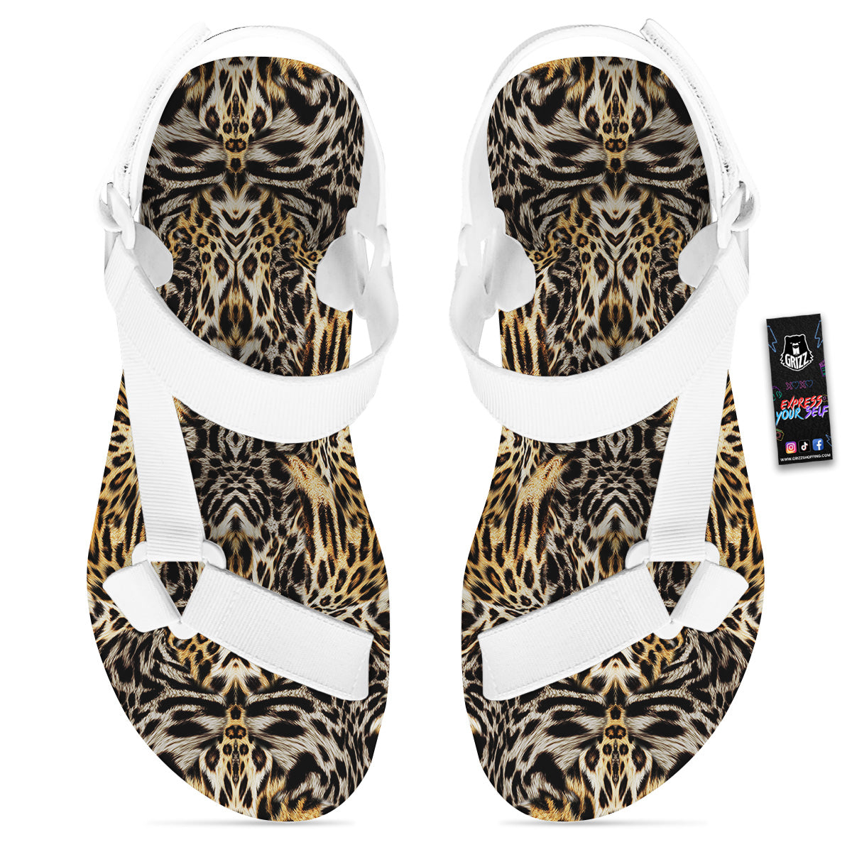 Leopard Skin Texture Print Pattern White Open Toe Sandals-grizzshop