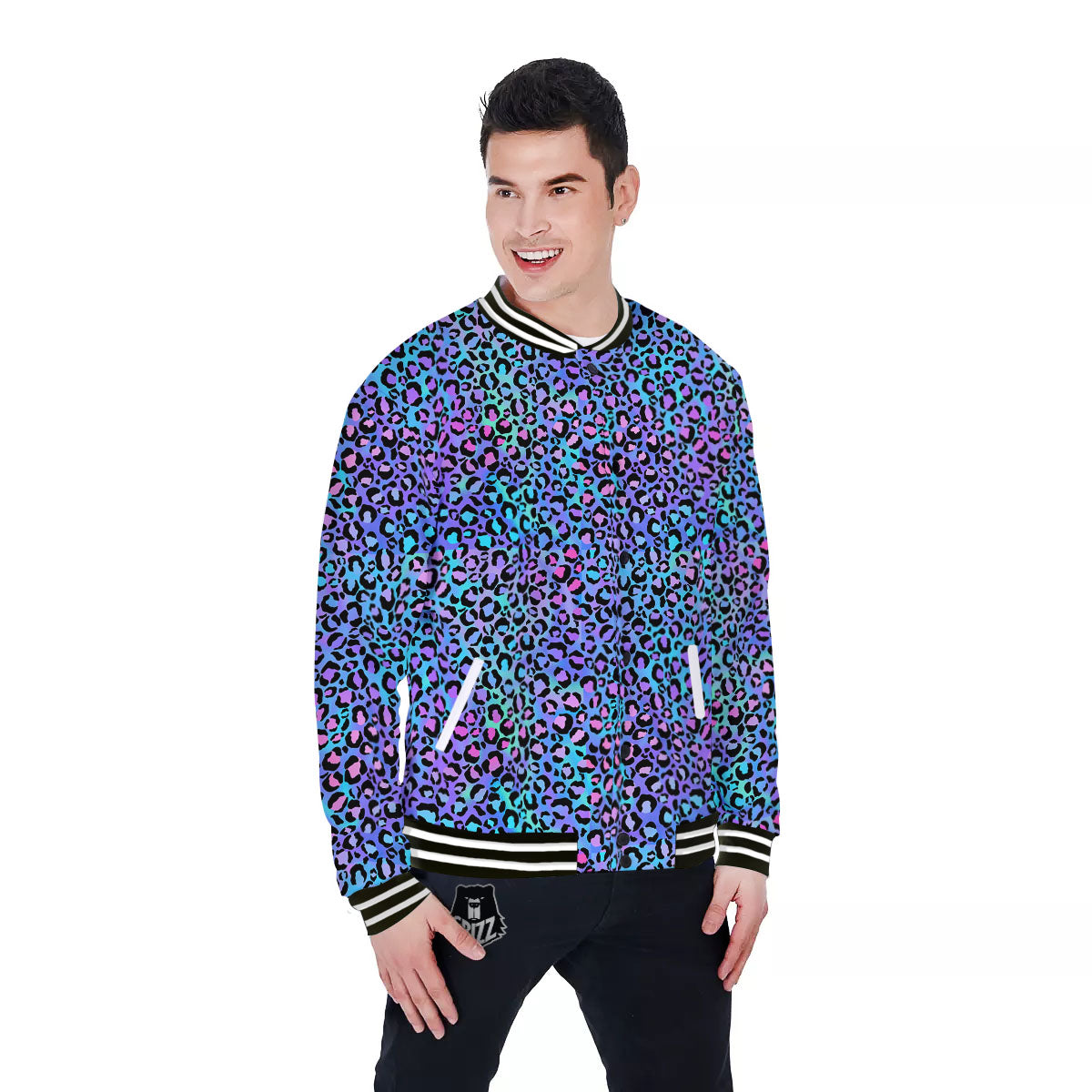 Leopard Teal And Purple Print Pattern Baseball Jacket-grizzshop