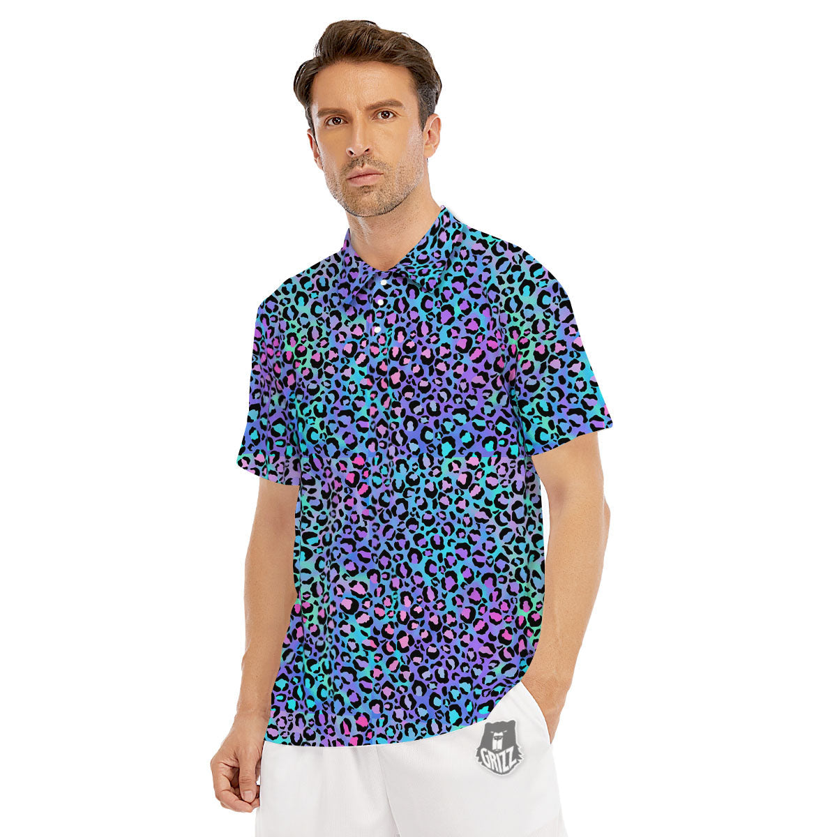 Leopard Teal And Purple Print Pattern Men's Golf Shirts-grizzshop