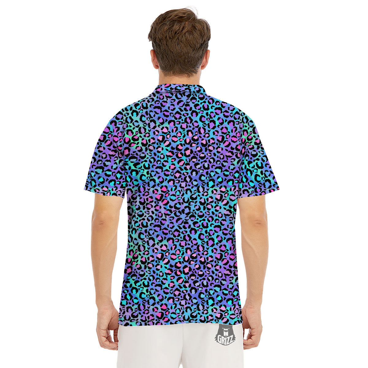 Leopard Teal And Purple Print Pattern Men's Golf Shirts-grizzshop