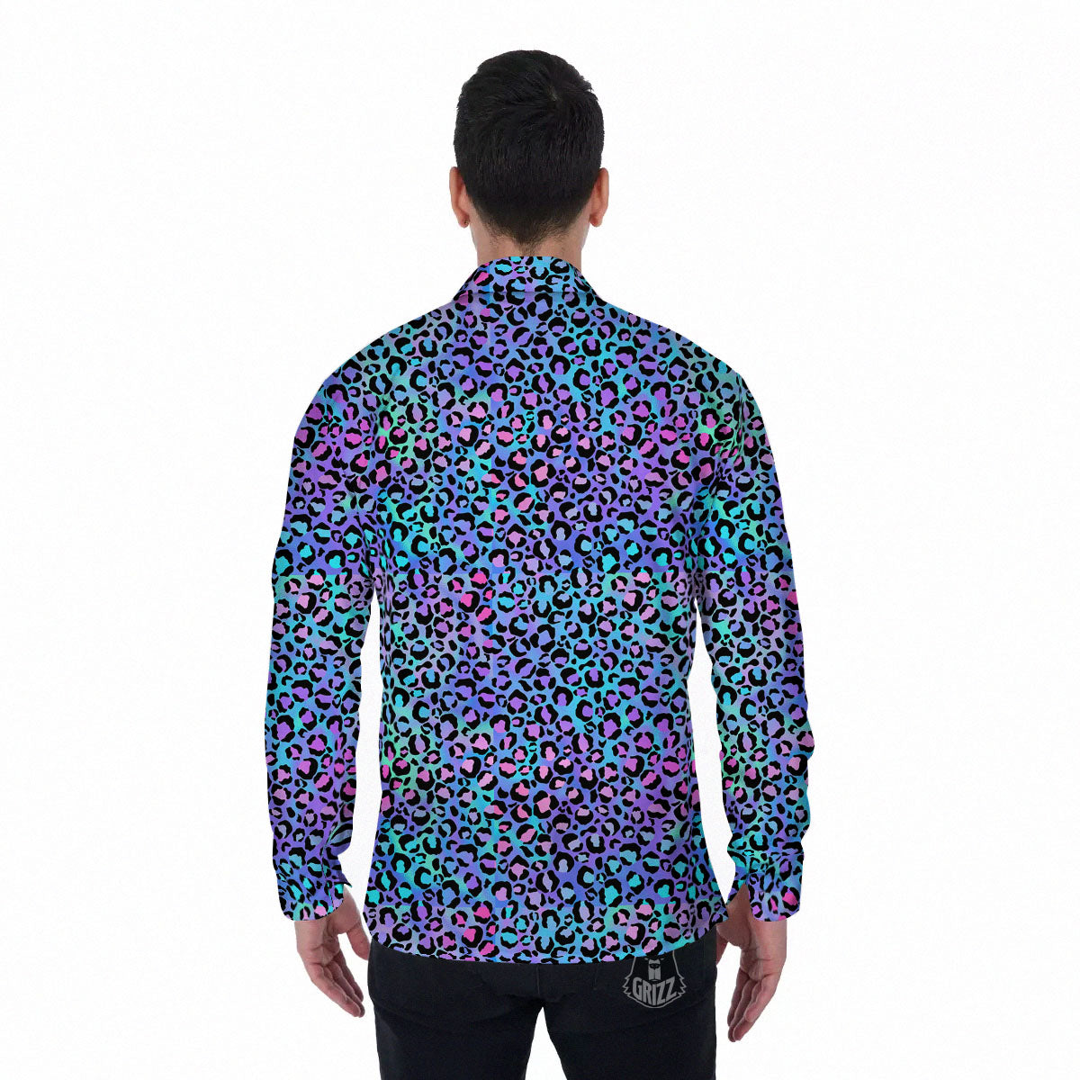 Leopard Teal And Purple Print Pattern Men's Long Sleeve Shirts-grizzshop