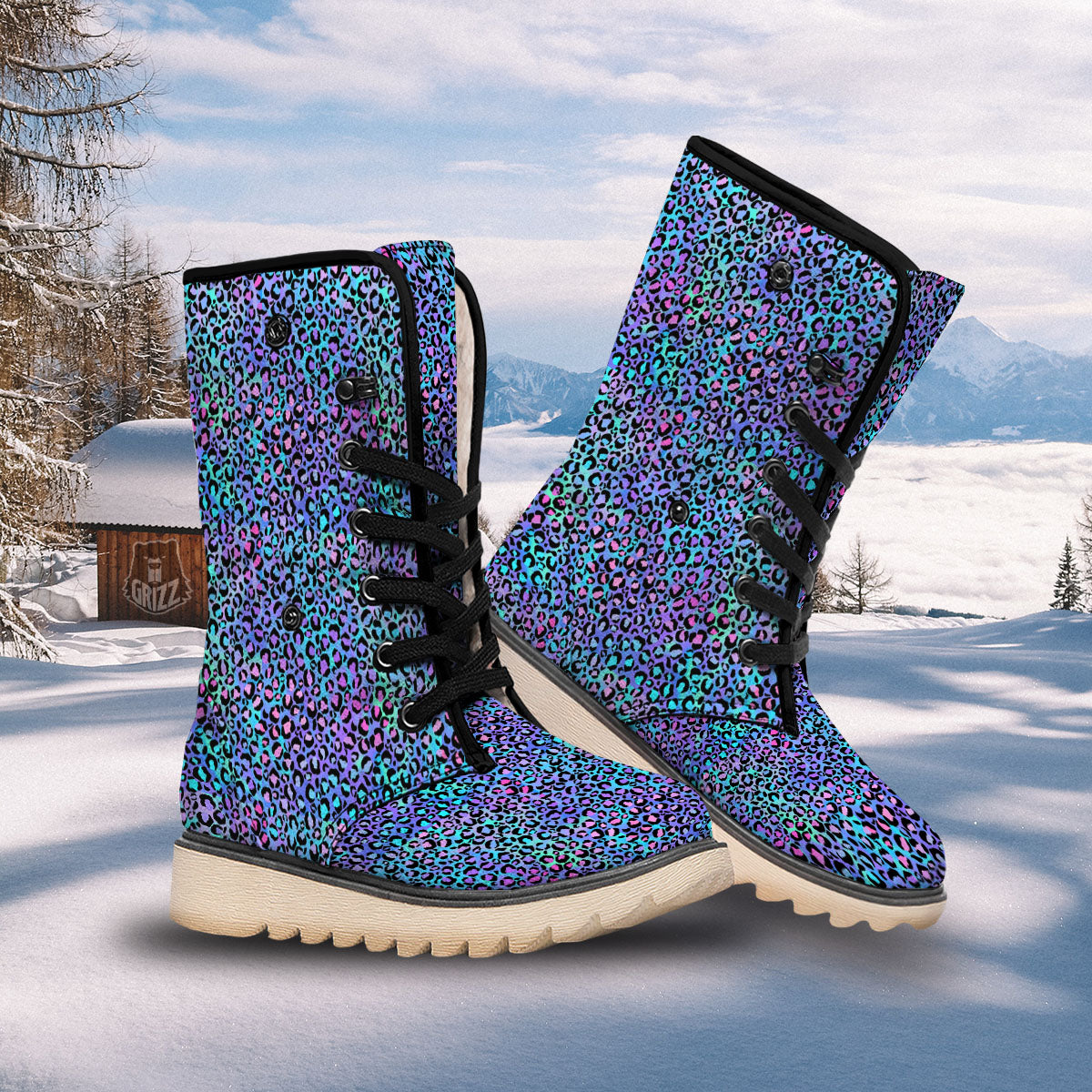Leopard Teal And Purple Print Pattern Snow Boots-grizzshop