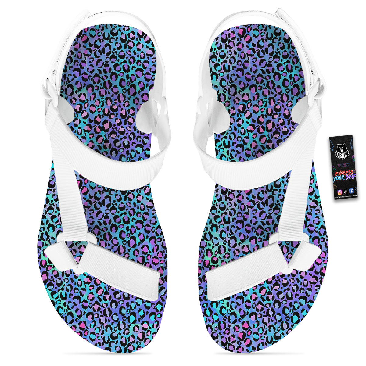 Leopard Teal And Purple Print Pattern White Open Toe Sandals-grizzshop