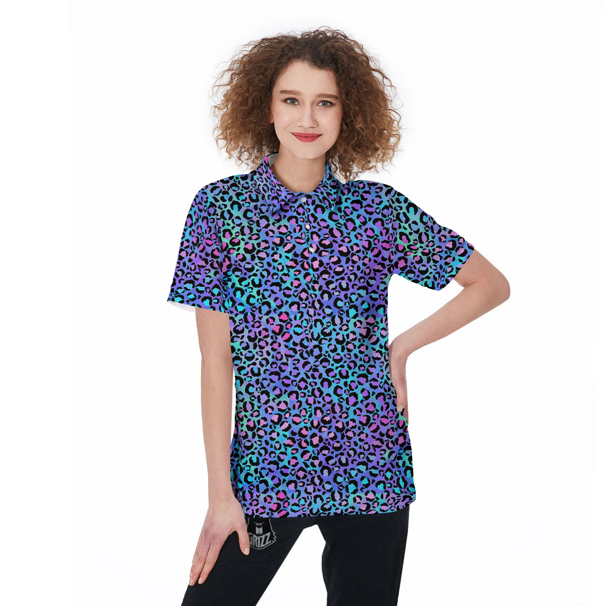 Leopard Teal And Purple Print Pattern Women's Golf Shirts-grizzshop