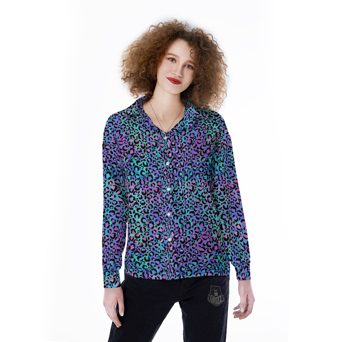 Leopard Teal And Purple Print Pattern Women's Long Sleeve Shirts-grizzshop