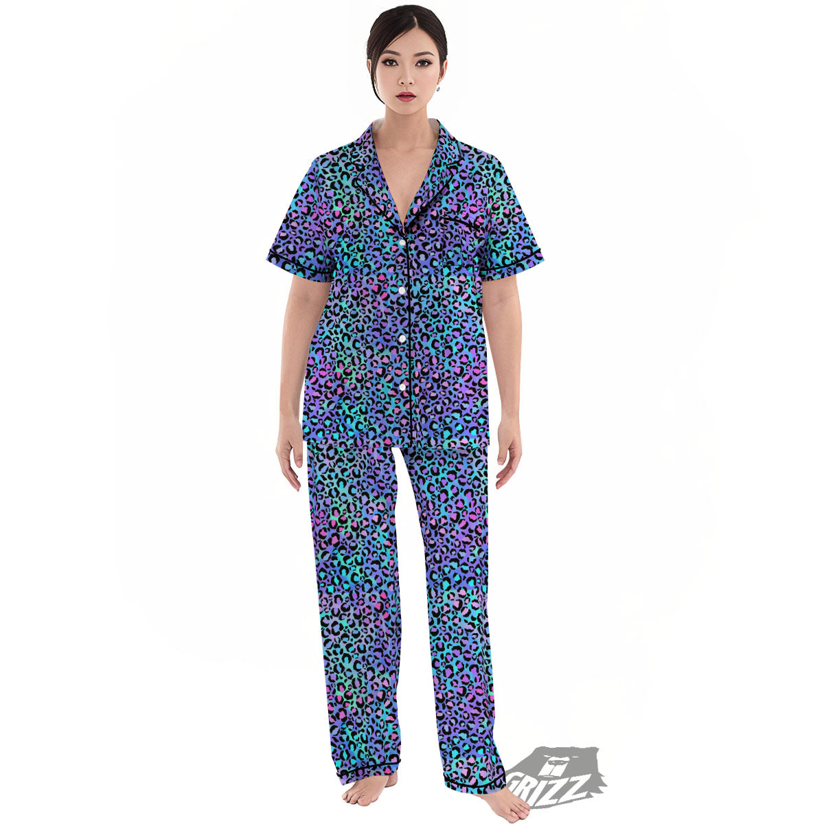 Leopard Teal And Purple Print Pattern Women's Pajamas Set-grizzshop