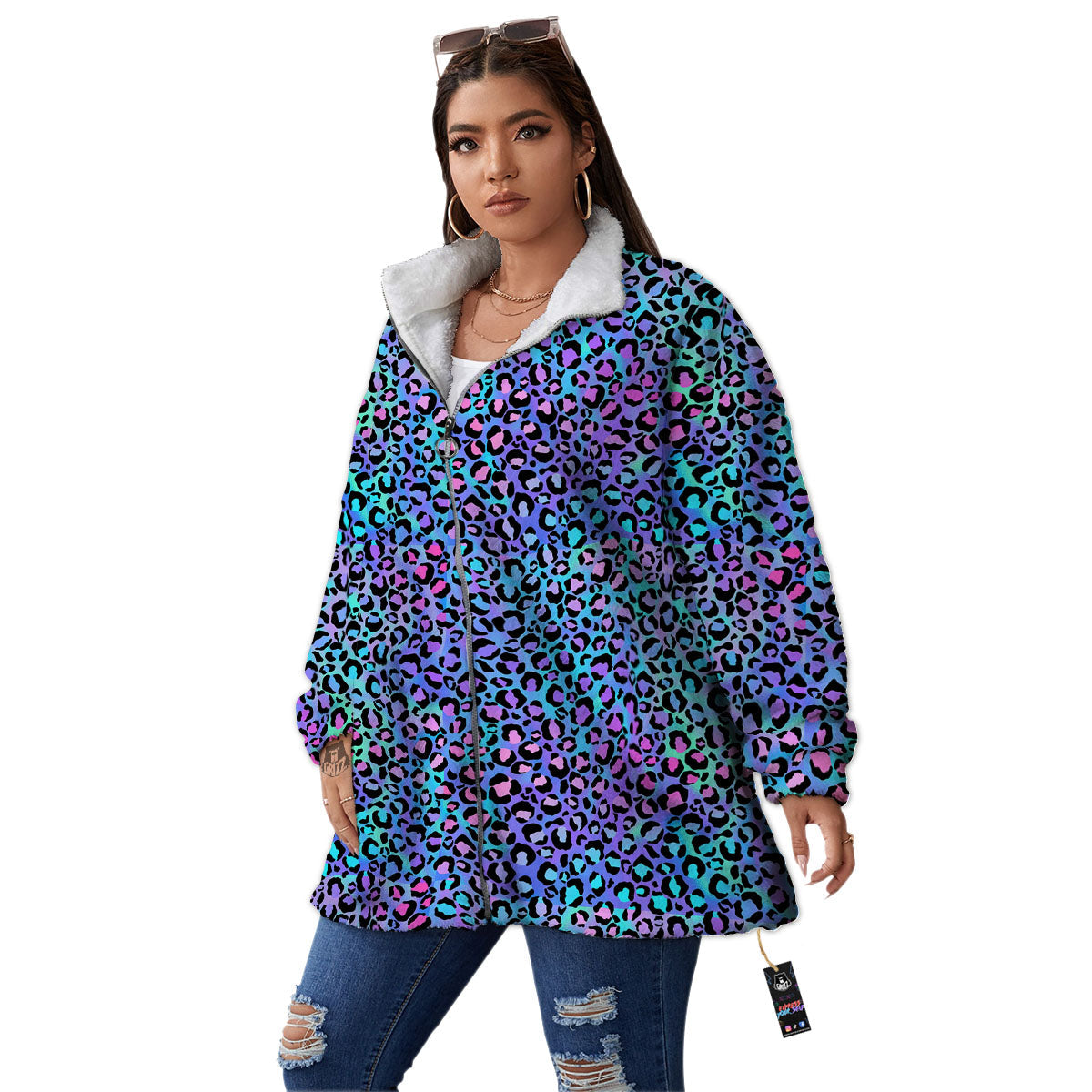Leopard Teal And Purple Print Pattern Women's Sherpa Jacket-grizzshop