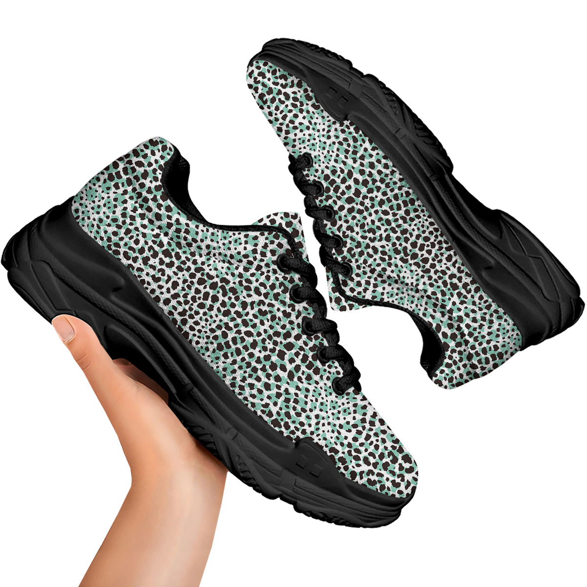 Leopard Teal And White Print Pattern Black Chunky Shoes-grizzshop