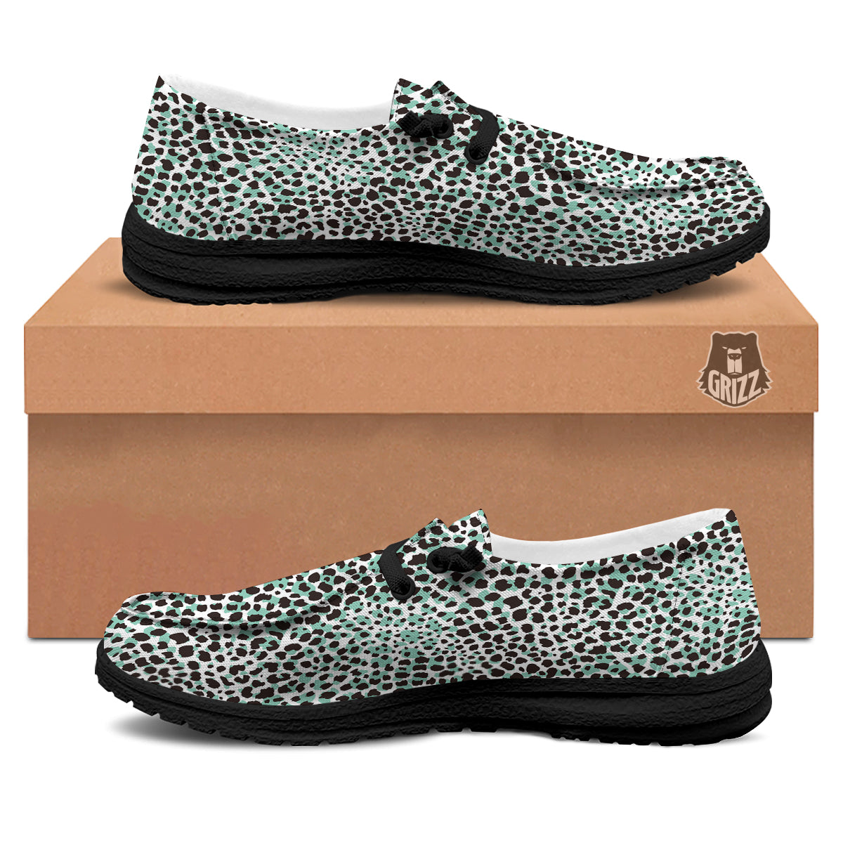 Leopard Teal And White Print Pattern Black Loafers-grizzshop