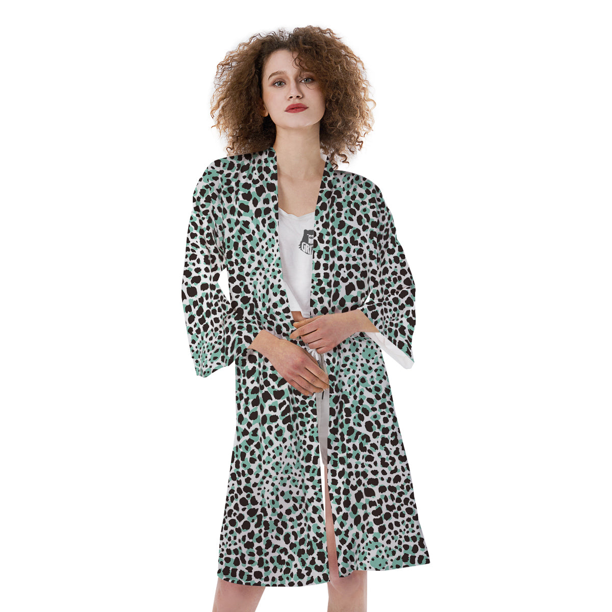 Leopard Teal And White Print Pattern Kimono-grizzshop