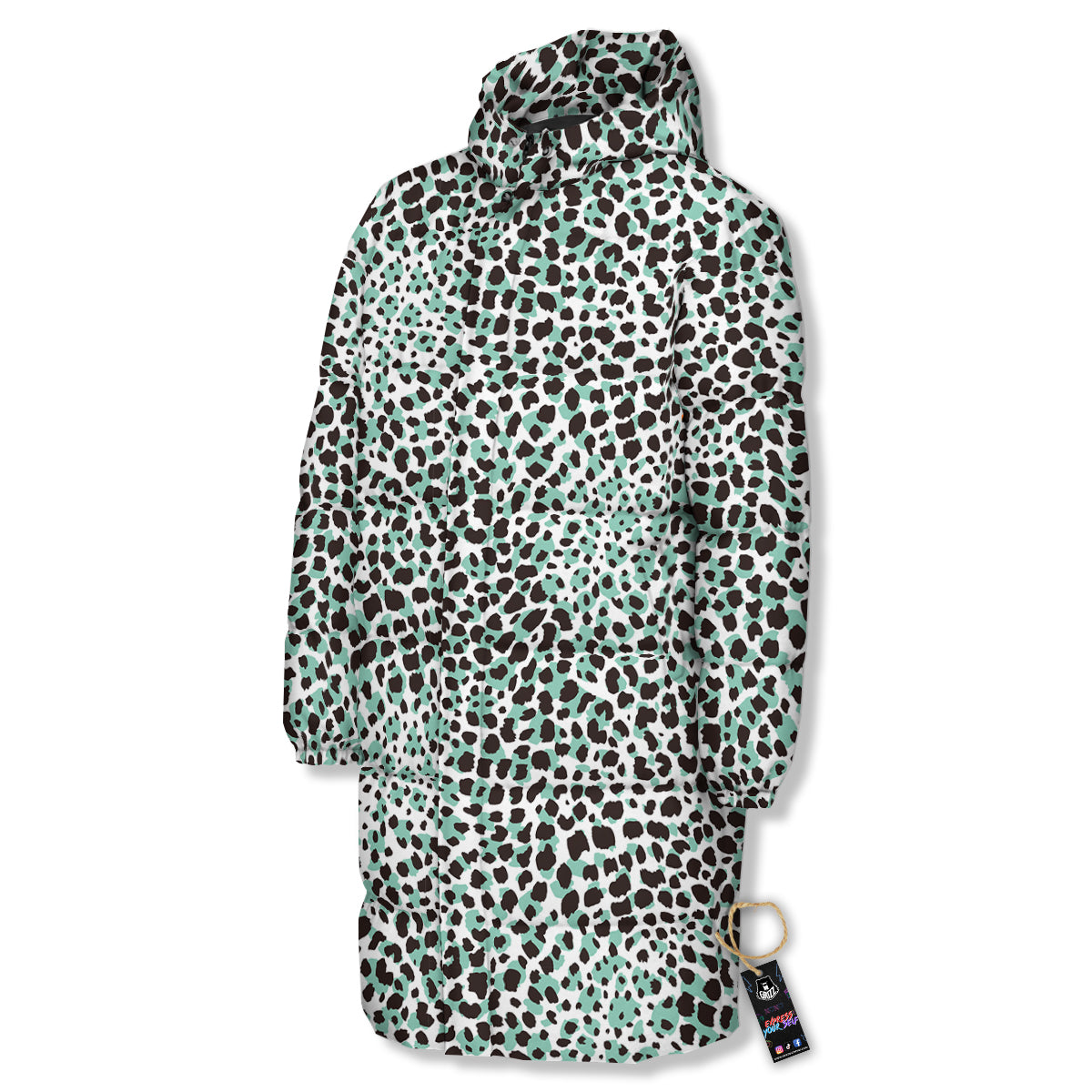 Leopard Teal And White Print Pattern Long Down Jacket-grizzshop