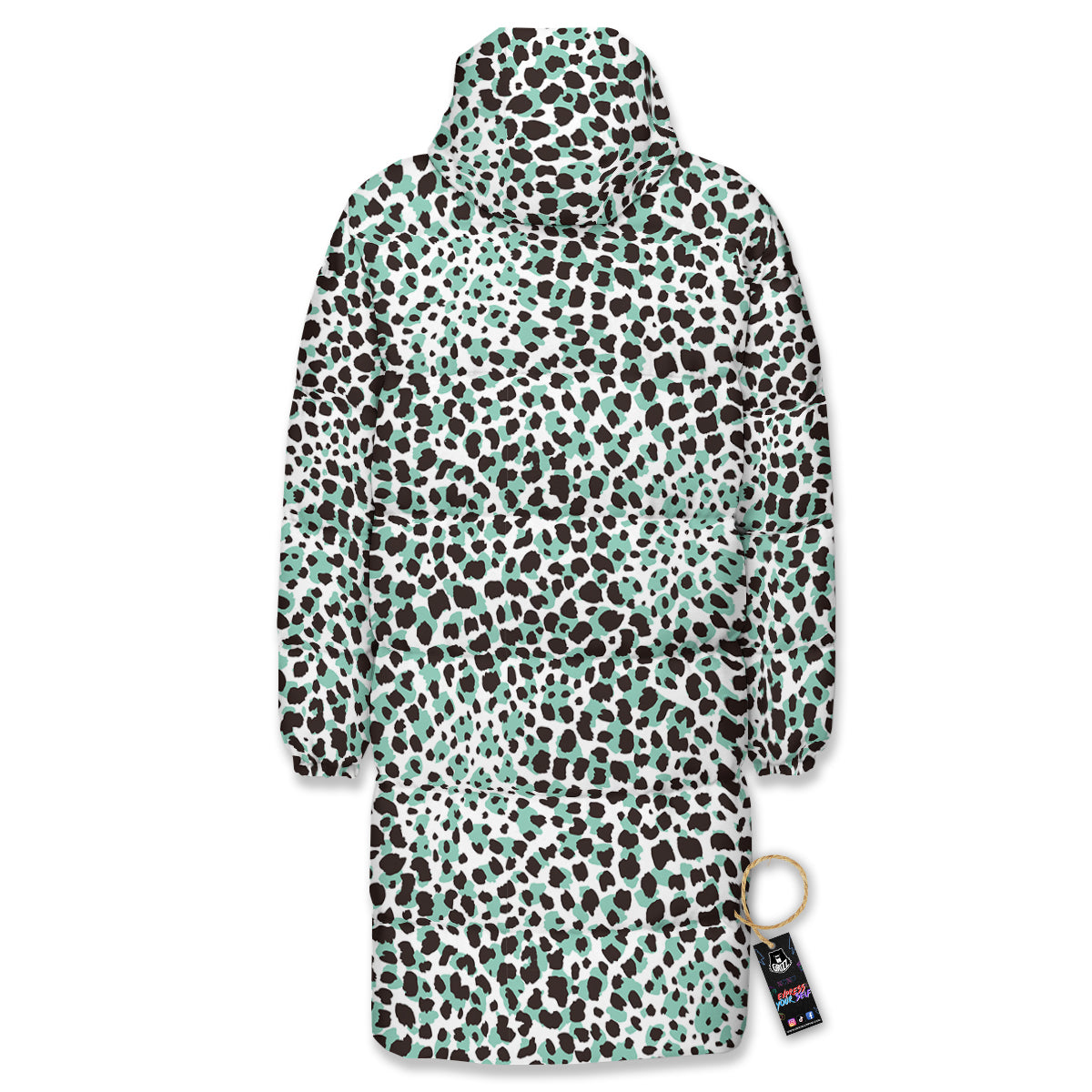 Leopard Teal And White Print Pattern Long Down Jacket-grizzshop