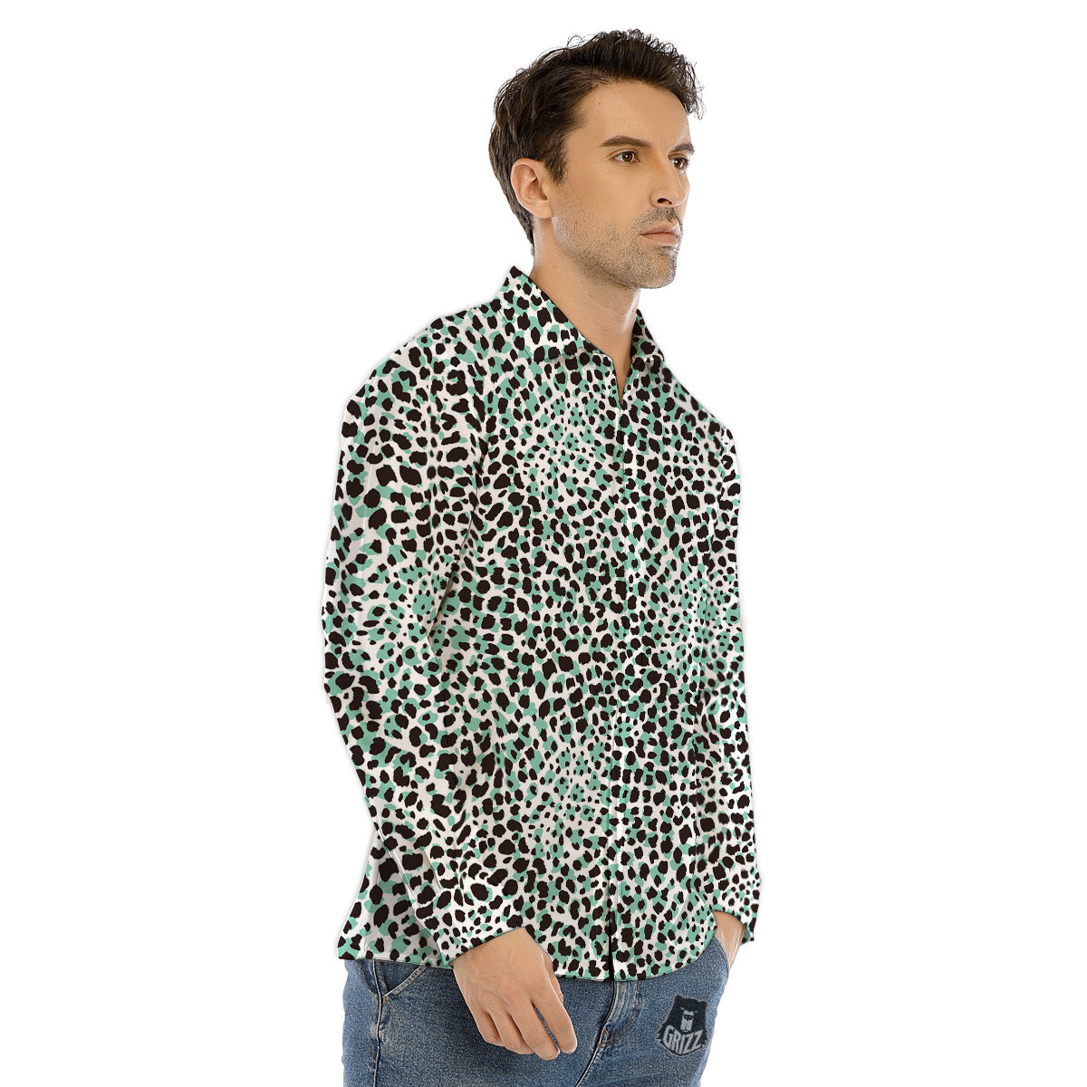 Leopard Teal And White Print Pattern Men's Dress Shirts-grizzshop