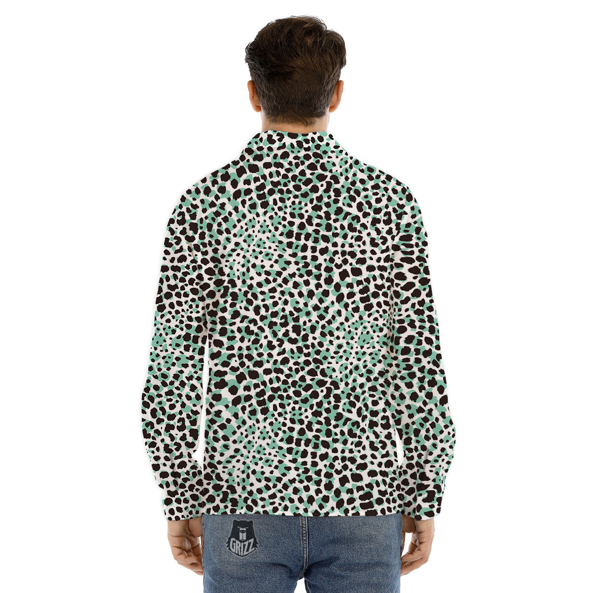 Leopard Teal And White Print Pattern Men's Dress Shirts-grizzshop