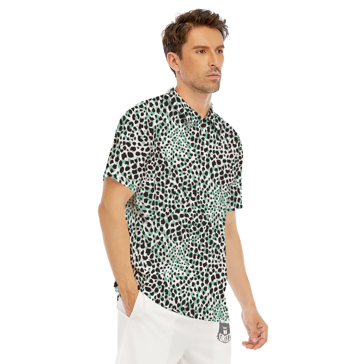 Leopard Teal And White Print Pattern Men's Golf Shirts-grizzshop