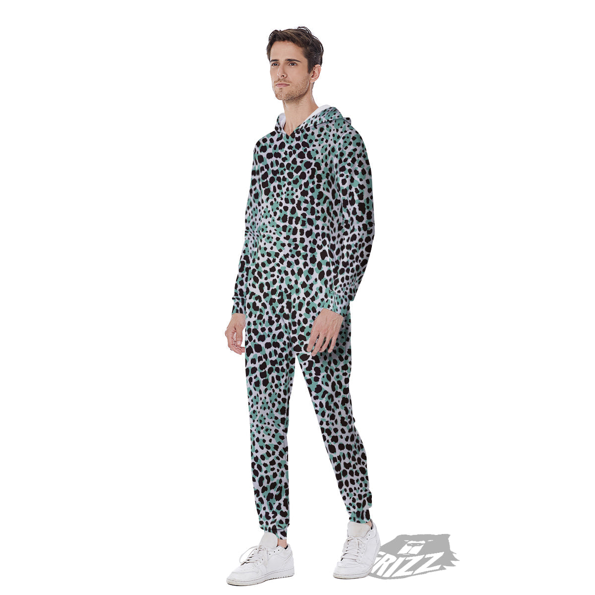 Leopard Teal And White Print Pattern Men's Jumpsuit-grizzshop