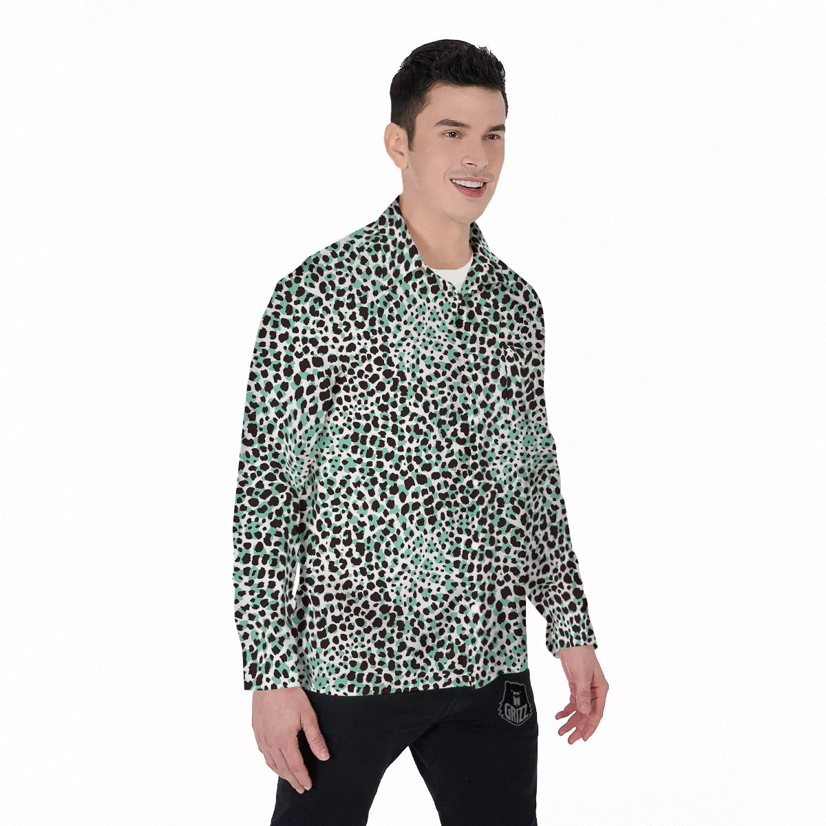 Leopard Teal And White Print Pattern Men's Long Sleeve Shirts-grizzshop