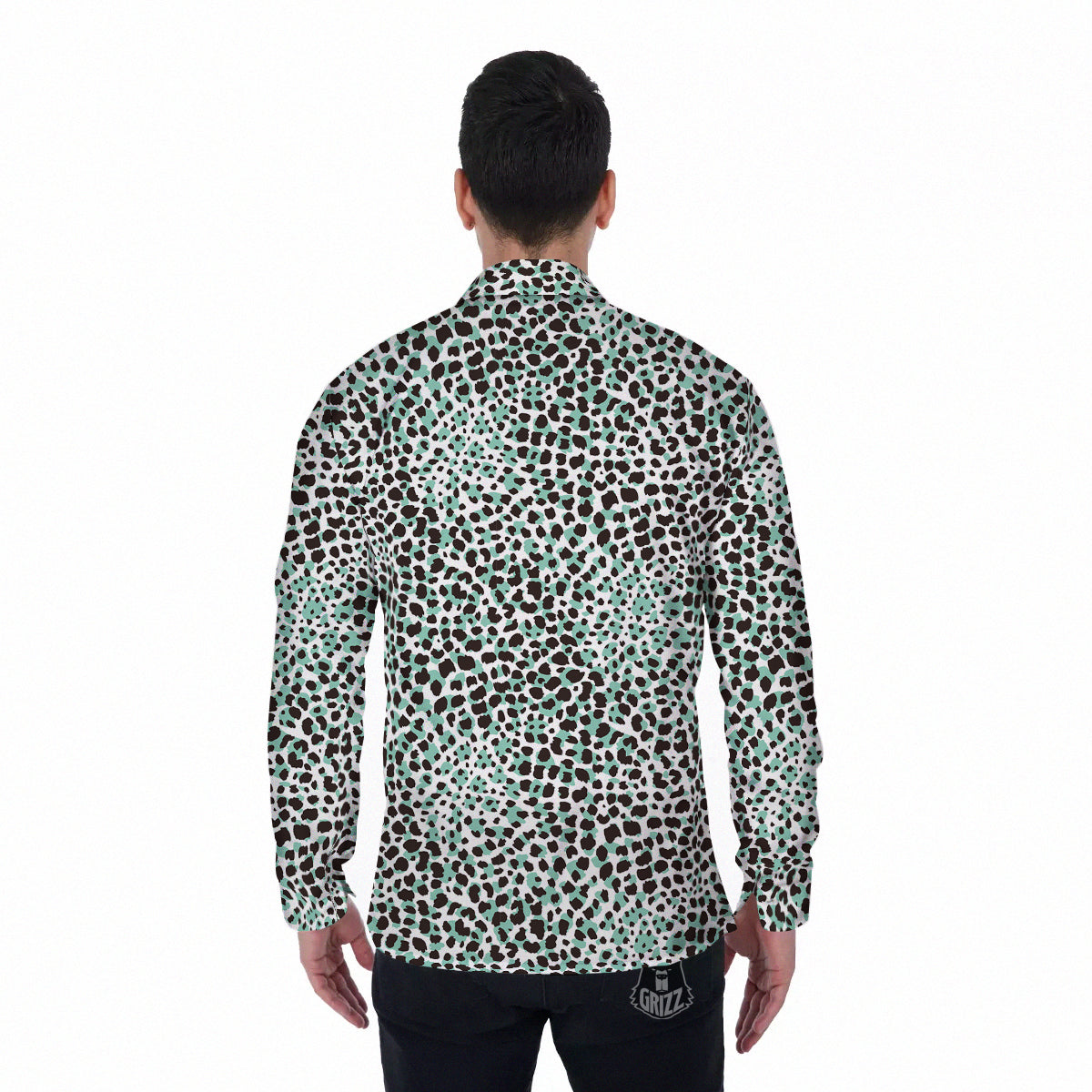 Leopard Teal And White Print Pattern Men's Long Sleeve Shirts-grizzshop