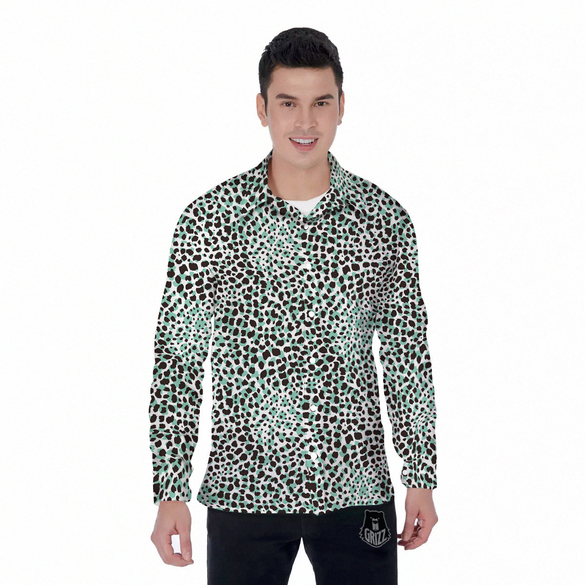 Leopard Teal And White Print Pattern Men's Long Sleeve Shirts-grizzshop