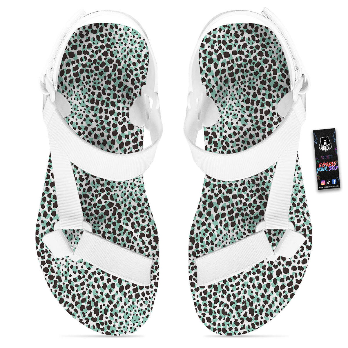 Leopard Teal And White Print Pattern White Open Toe Sandals-grizzshop