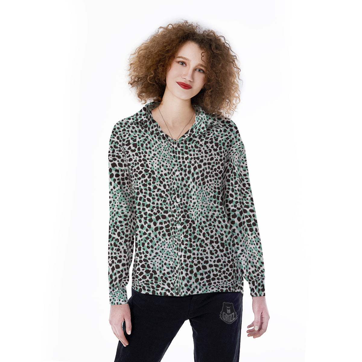 Leopard Teal And White Print Pattern Women's Long Sleeve Shirts-grizzshop