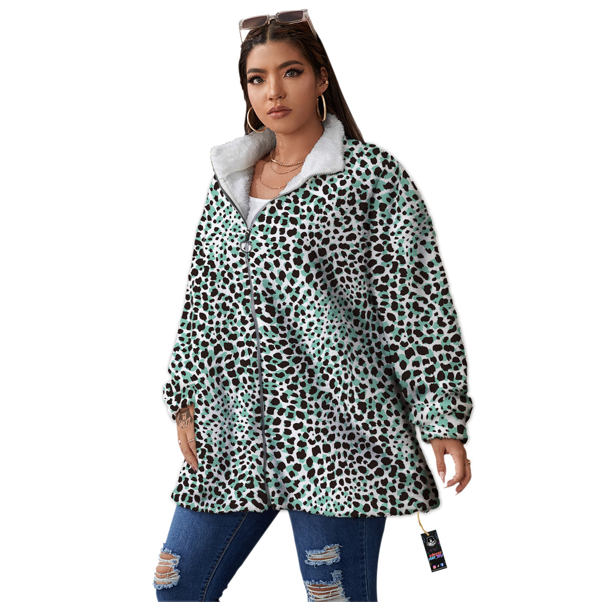 Leopard Teal And White Print Pattern Women's Sherpa Jacket-grizzshop