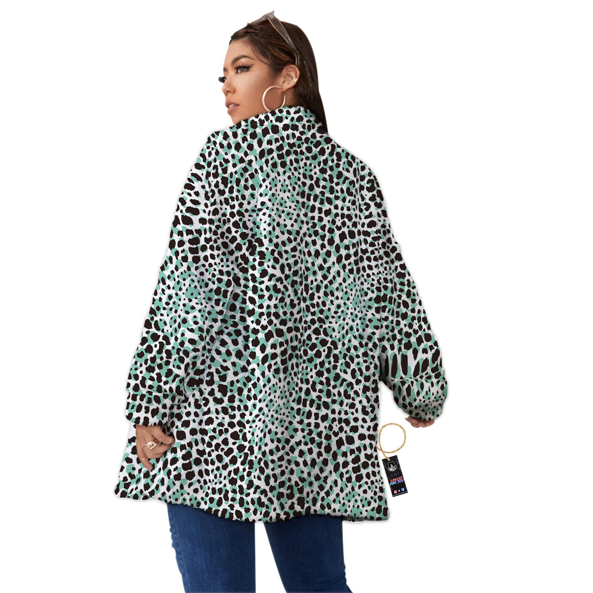 Leopard Teal And White Print Pattern Women's Sherpa Jacket-grizzshop