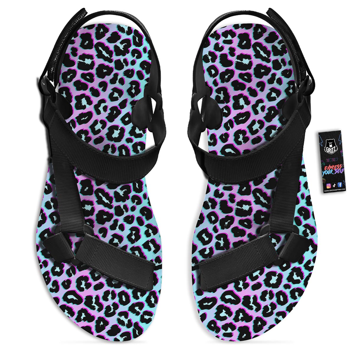 Leopard Trippy Psychedelic Print Pattern Black Open Toe Sandals-grizzshop
