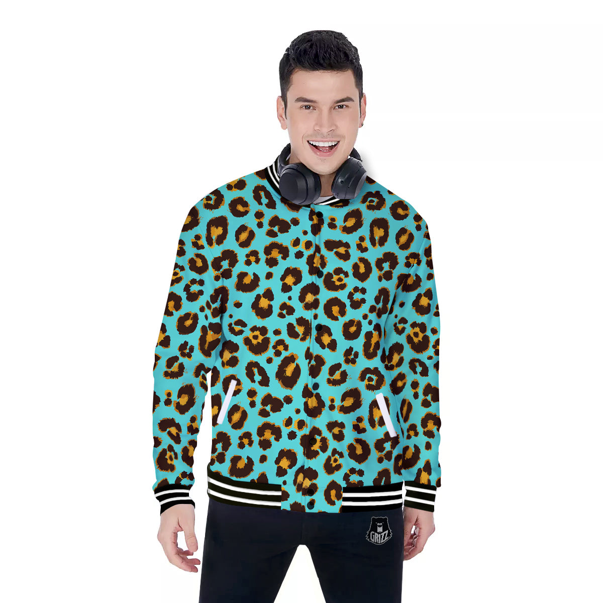 Leopard Turquoise Print Pattern Baseball Jacket-grizzshop